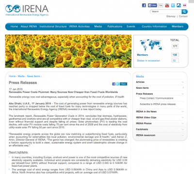 IRENA: La energía renovable es ahora más barata que los combustibles fósiles en muchos casos